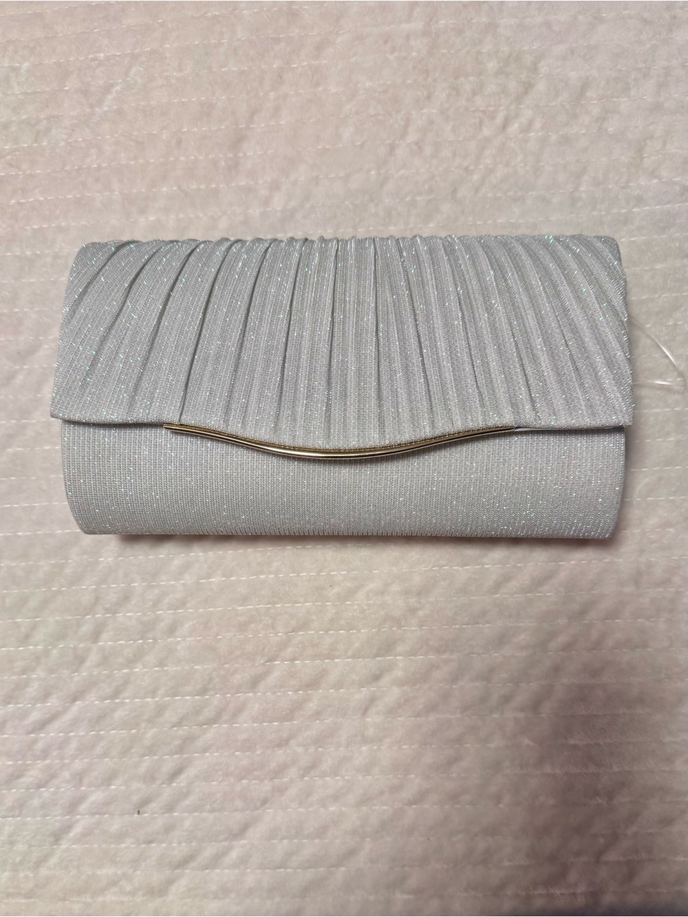 Silver Glitter Pleated Evening Clutch Gold Chain Strap